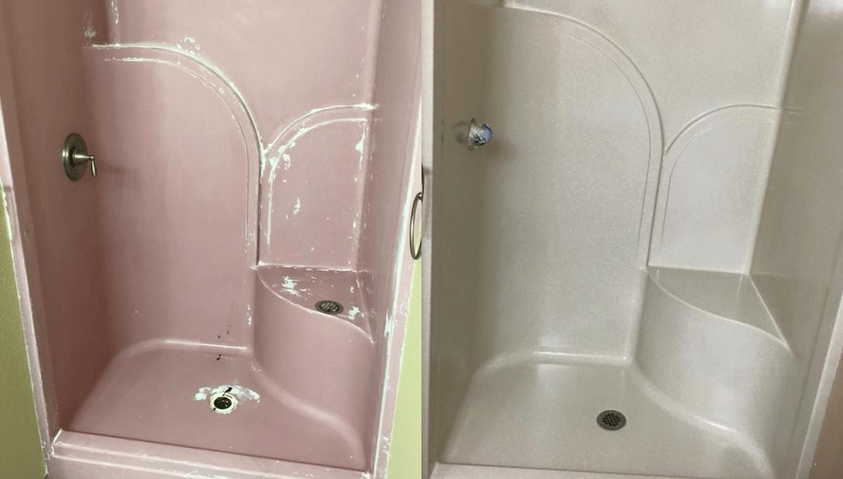 Pink bathroom shower color update refinished white